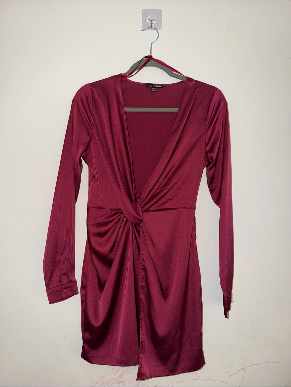 Burgundy Twist-Knot Long Sleeve Mini Dress